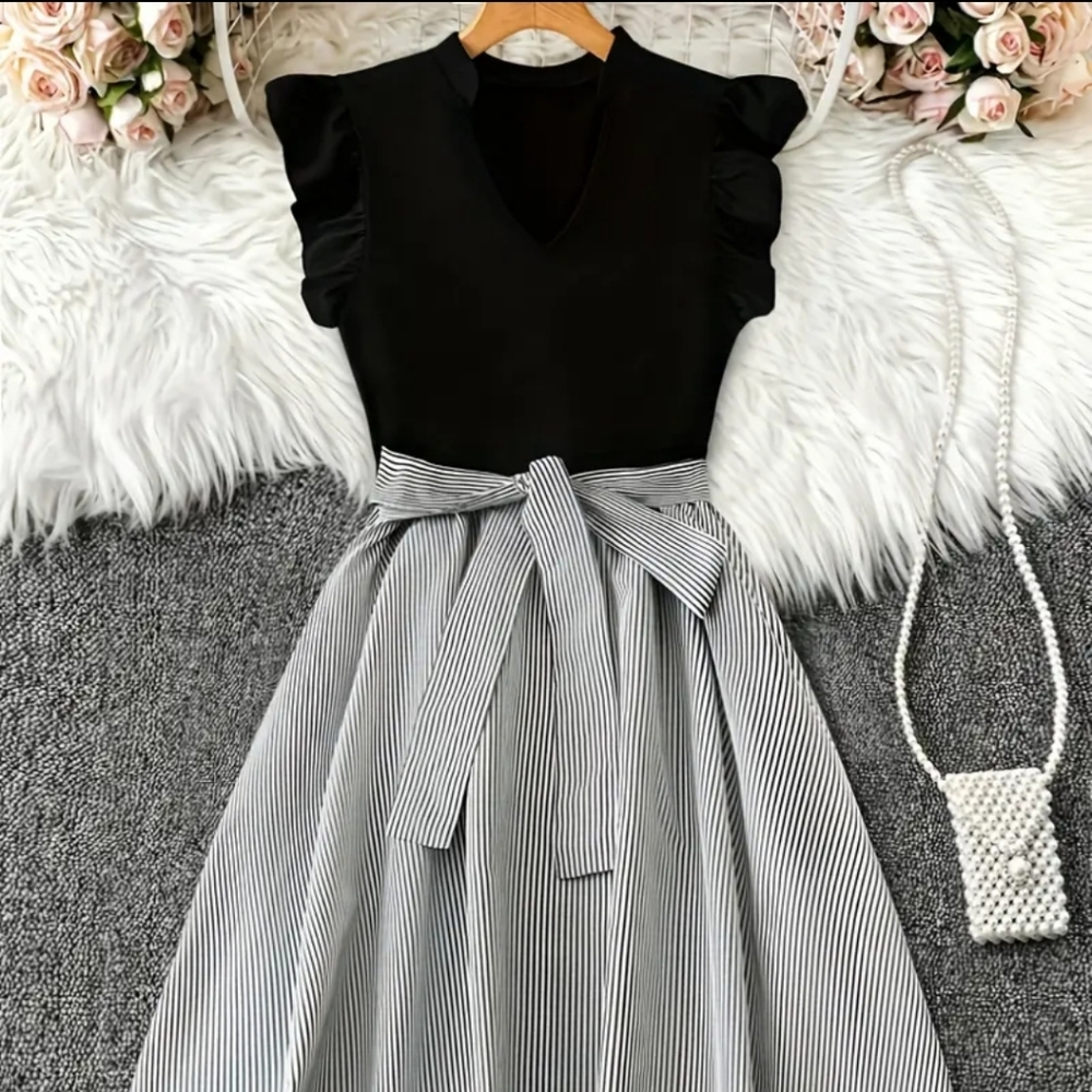 Black and White Striped Dress with Bow
